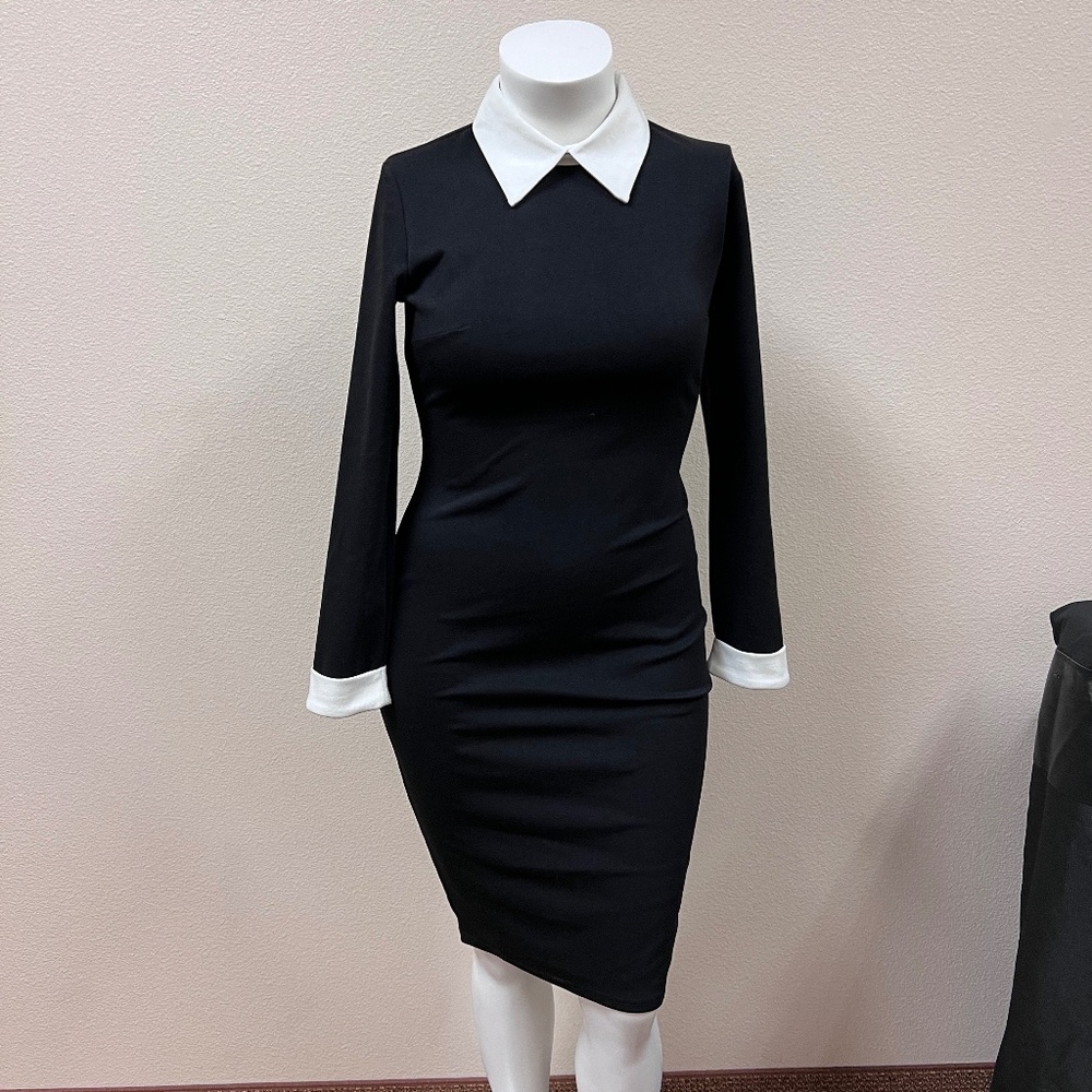 NWT Honeyee Little Black Dress w/ Long Sleeves White Collar & Cuffs - Sz Large
